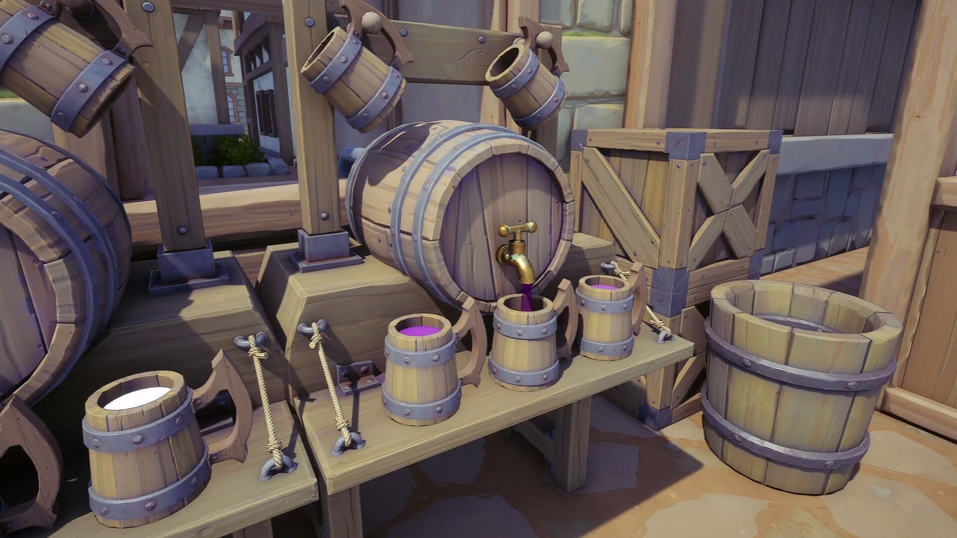 Official Alchemy Factory screenshot showing barrels and production equipment