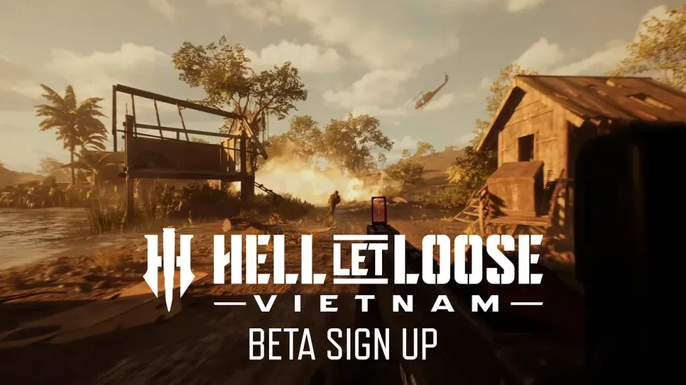 Official Hell Let Loose Vietnam scene with a helicopter approaching a battlefield