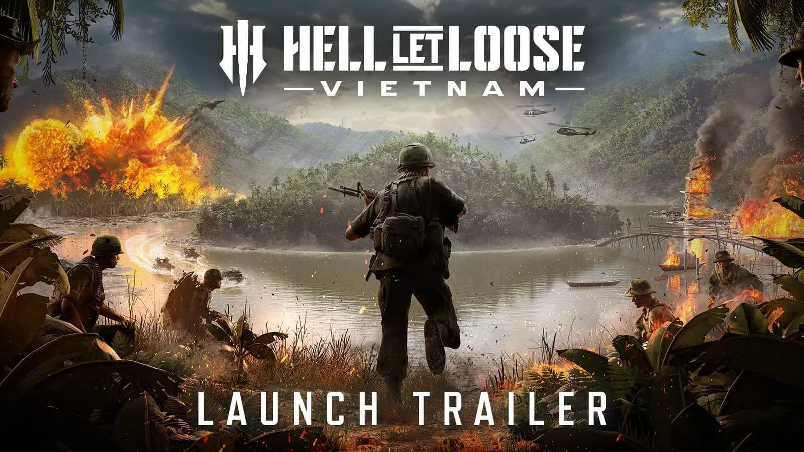 Official Hell Let Loose Vietnam launch scene with helicopters over a contested river crossing