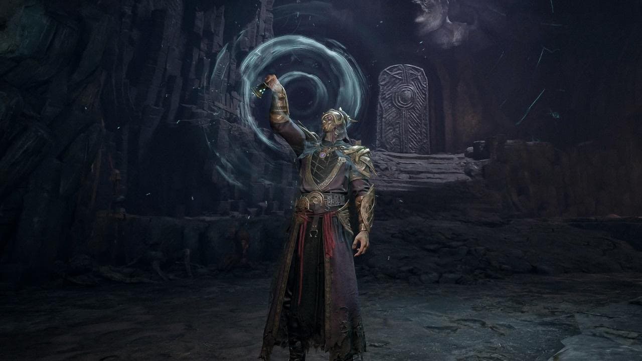 Official Mistfall Hunter scene showing a hunter using magic in the ruins