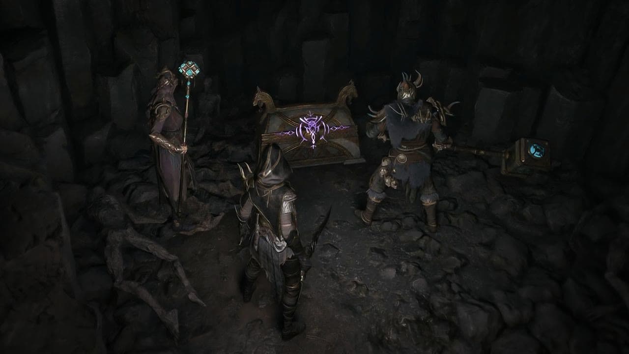 Official Mistfall Hunter loot scene near a chest