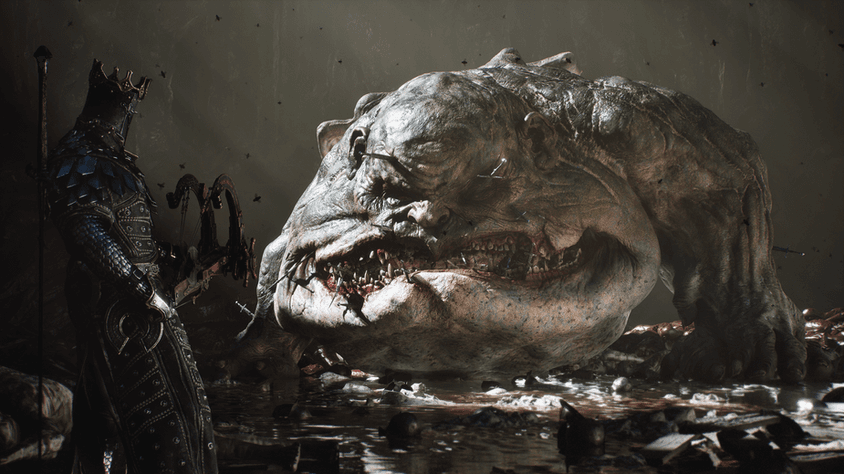 Mortal Shell II armored character facing a large creature in a dark environment