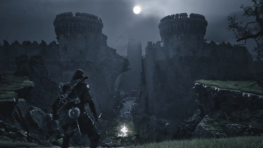 Armored Mortal Shell II character facing a moonlit stone castle route