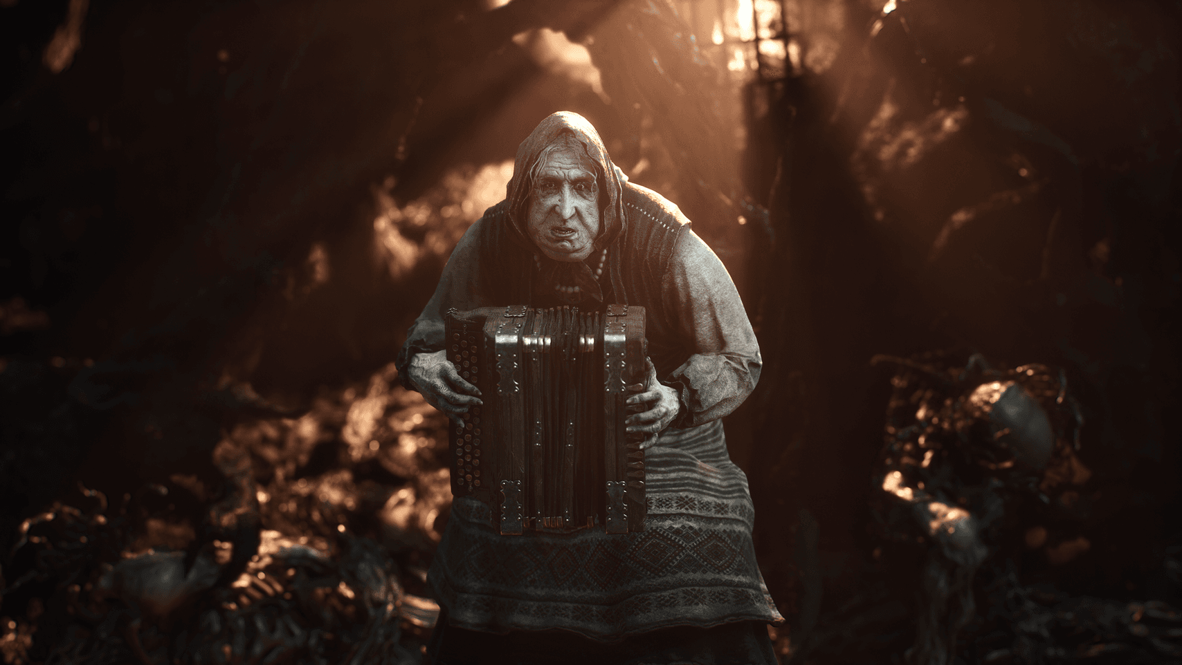 Official Mortal Shell II hooded character holding an accordion-like instrument in a dark forest scene
