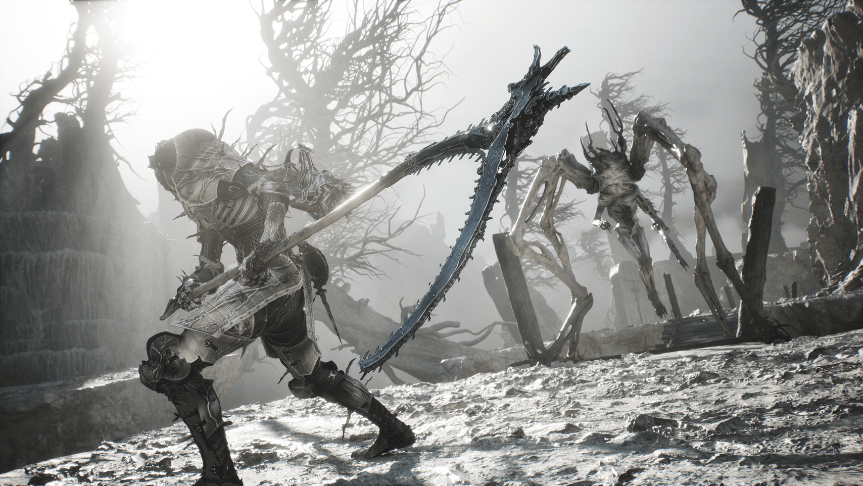 Mortal Shell II armored fighter using a large weapon against a skeletal enemy