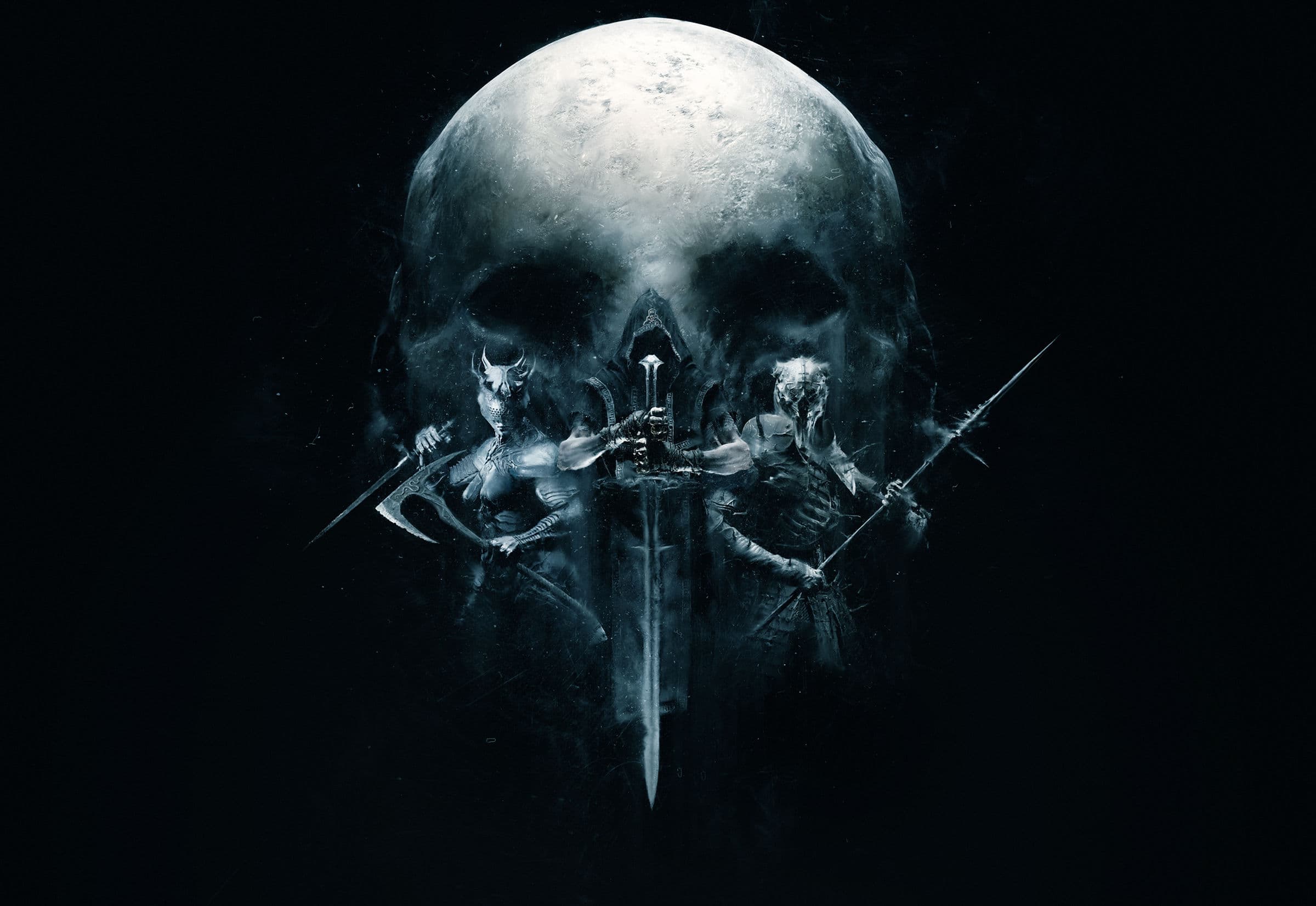 Official Mortal Shell II key art with an armored figure and two armed companions beneath a pale moon